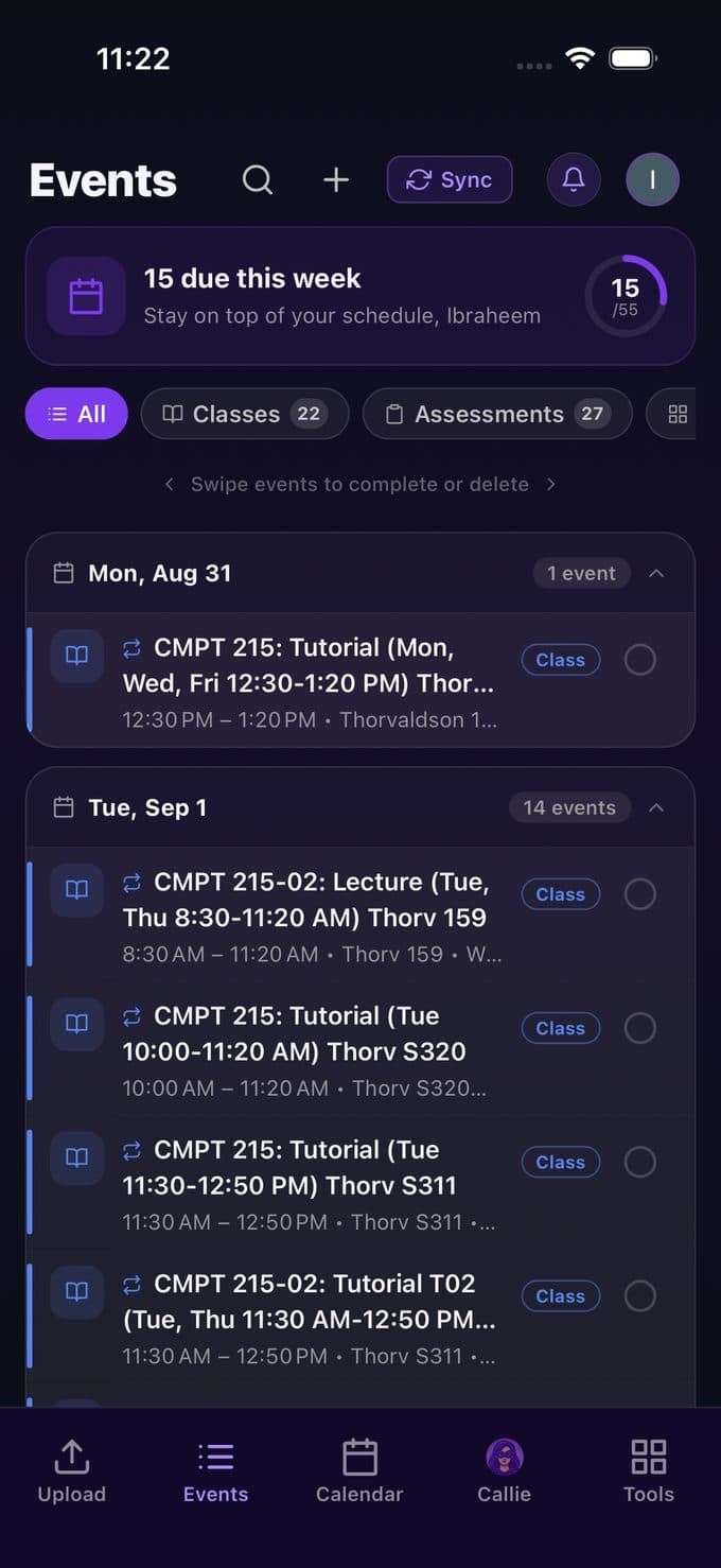 Events list grouped by date with class and assessment filters