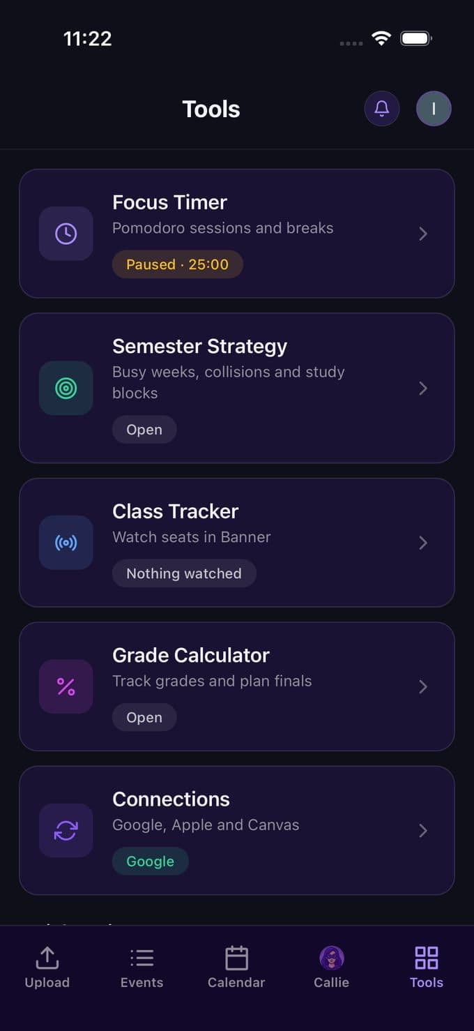 Tools screen listing Focus Timer, Semester Strategy, Class Tracker and more