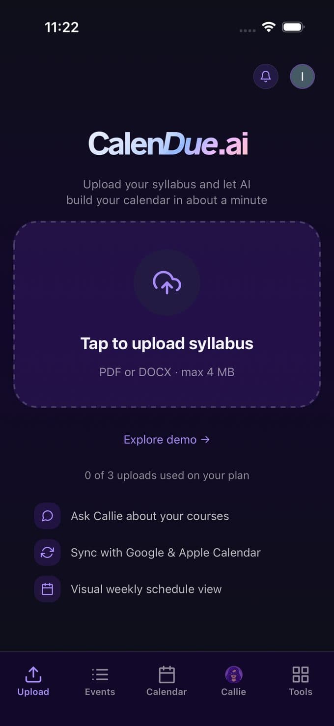 CalenDue upload screen with a tap-to-upload syllabus area