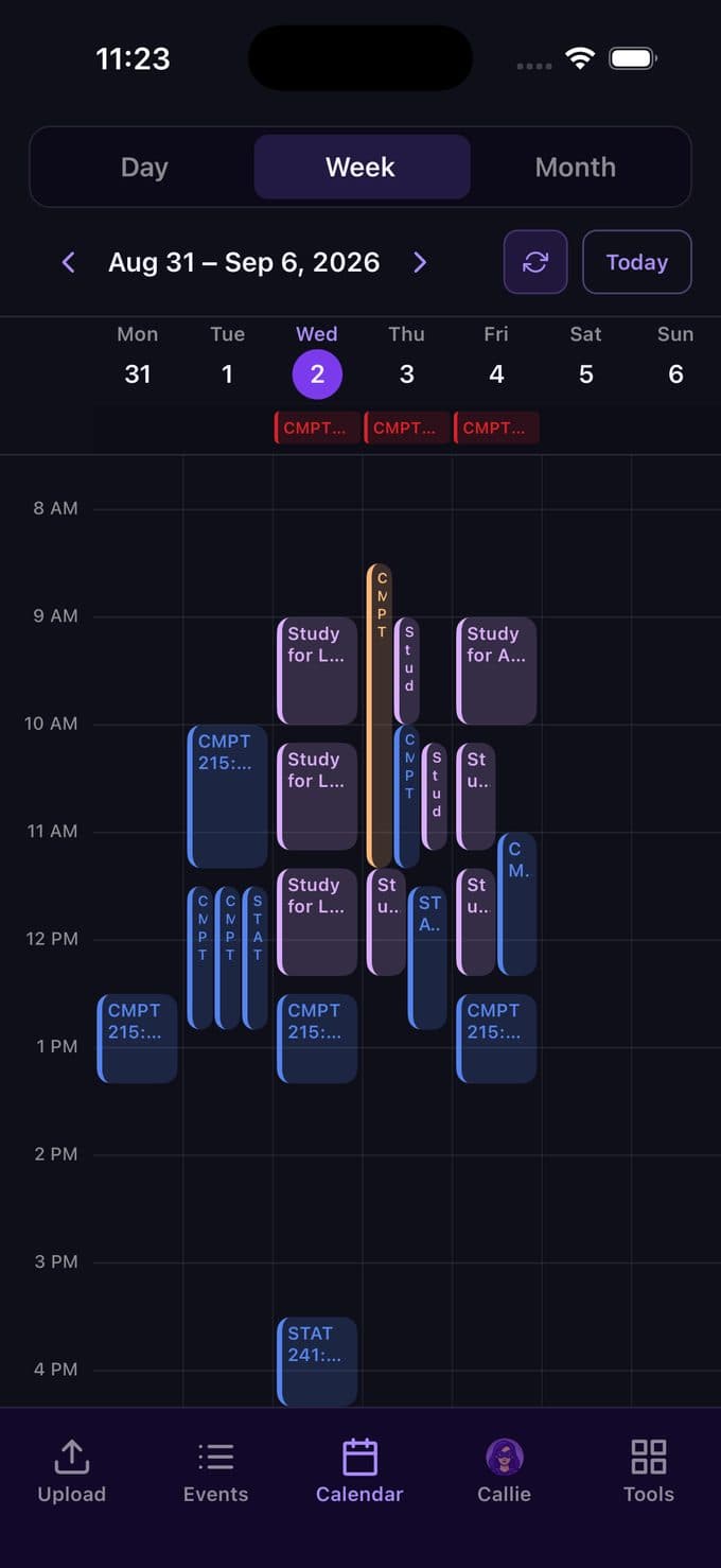 Weekly calendar grid showing classes and study blocks by hour